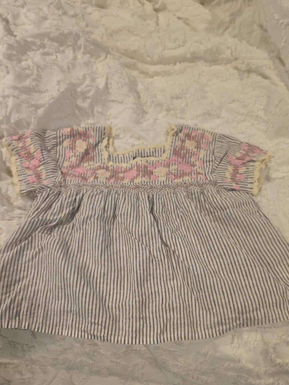 Tuckernuck White & Brown Striped With Pink Embroidered Blouse